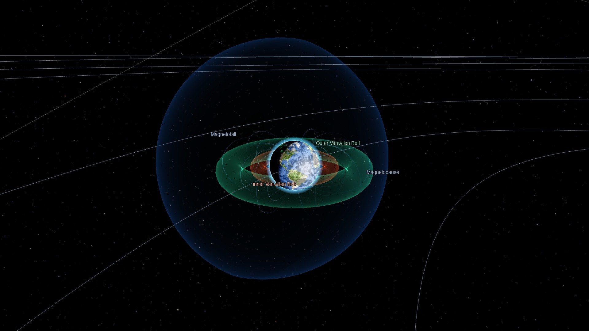 Earth's magnetosphere and Van Allen belts visualised with field lines