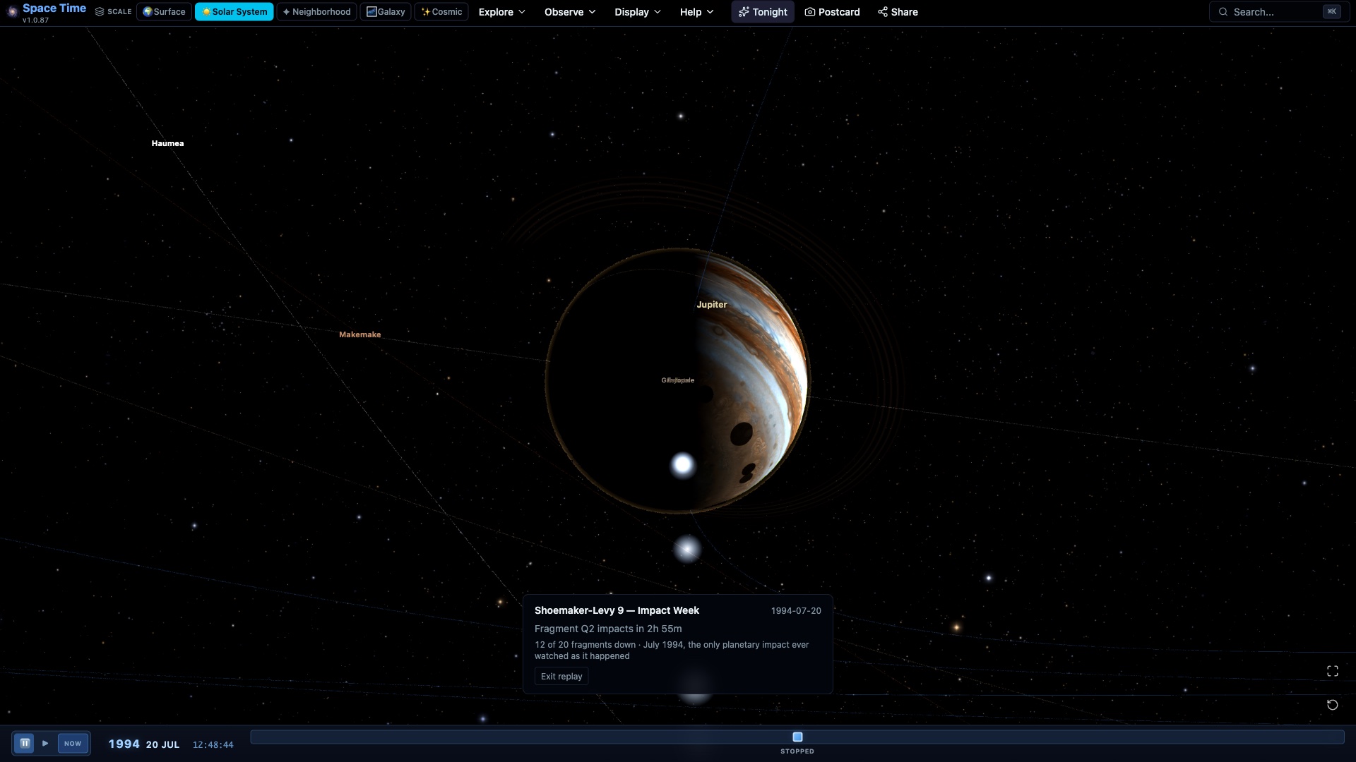 Comet Shoemaker-Levy 9 fragments striking Jupiter and leaving dark impact scars