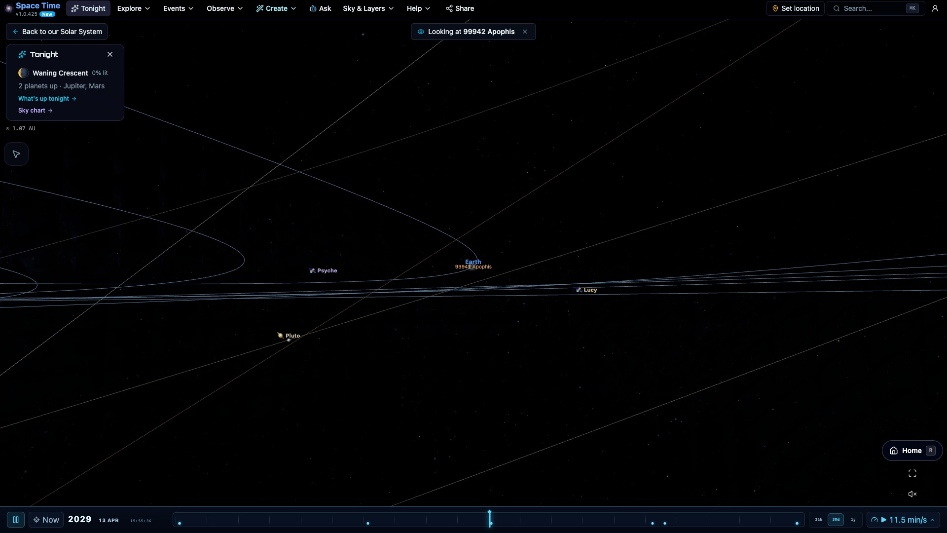 3D simulation of asteroid Apophis beside Earth during the 2029 close approach
