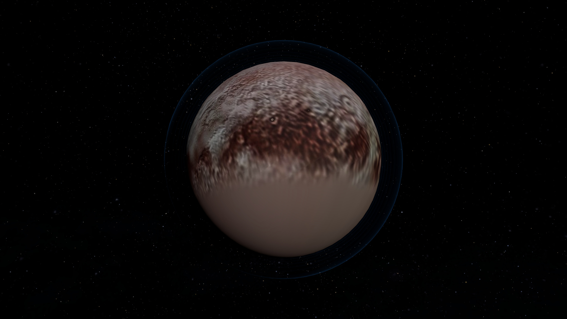 Pluto in Space Time, with mapped reddish and bright terrain across the top and a smooth, unmapped region below
