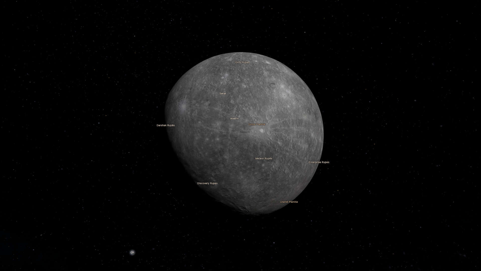 Mercury in Space Time with labels for named features including Discovery Rupes, Enterprise Rupes and Turms Planitia