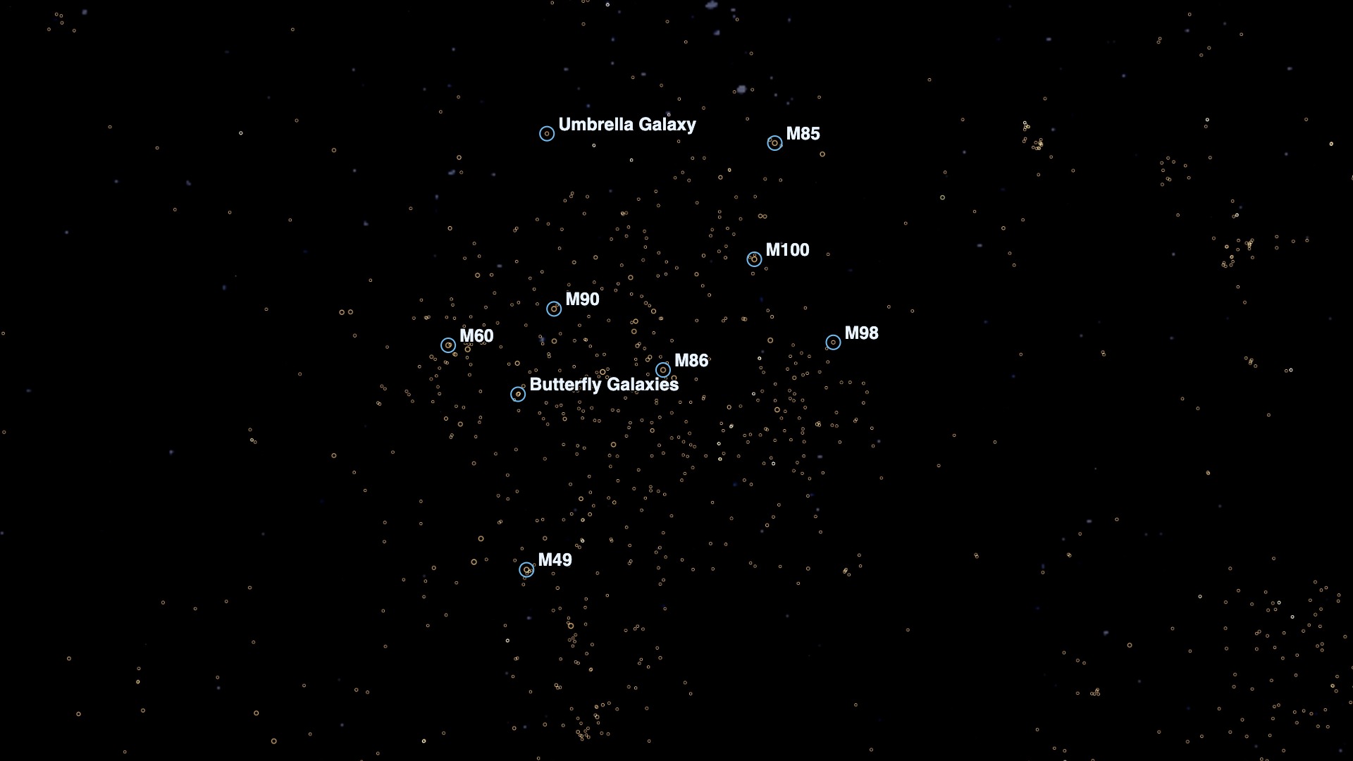The NGC/IC catalog drawn as color-coded chart symbols over the Virgo Cluster, with Messier galaxies labeled