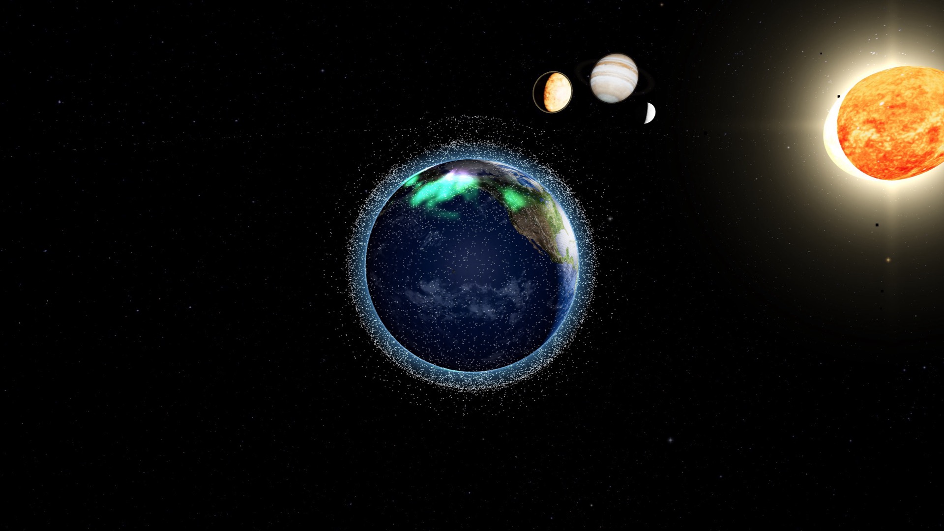 About 9,000 live Celestrak satellites rendered as a shell orbiting Earth in real time