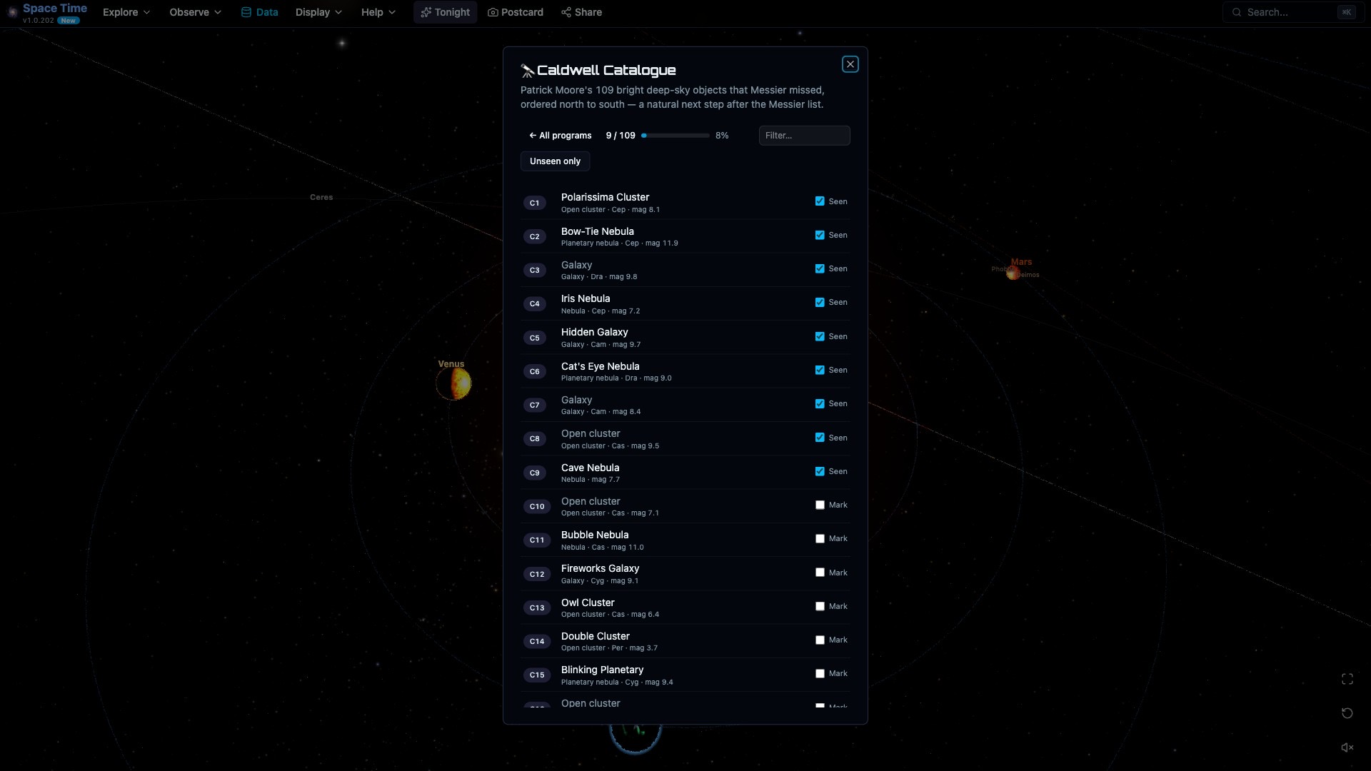 The Caldwell observing program checklist with progress tracking